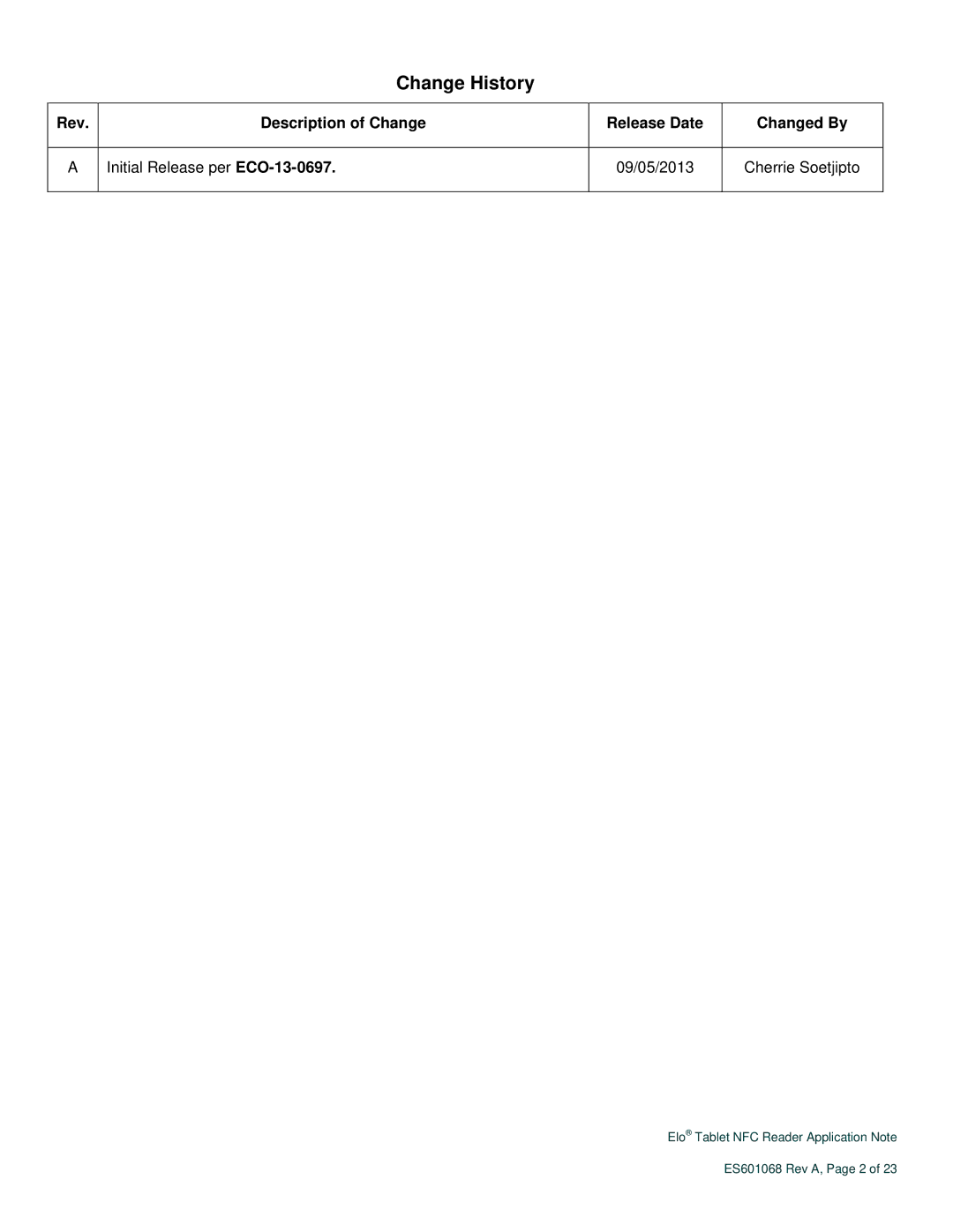 Elo TouchSystems ES601068 Rev A manual Change History 