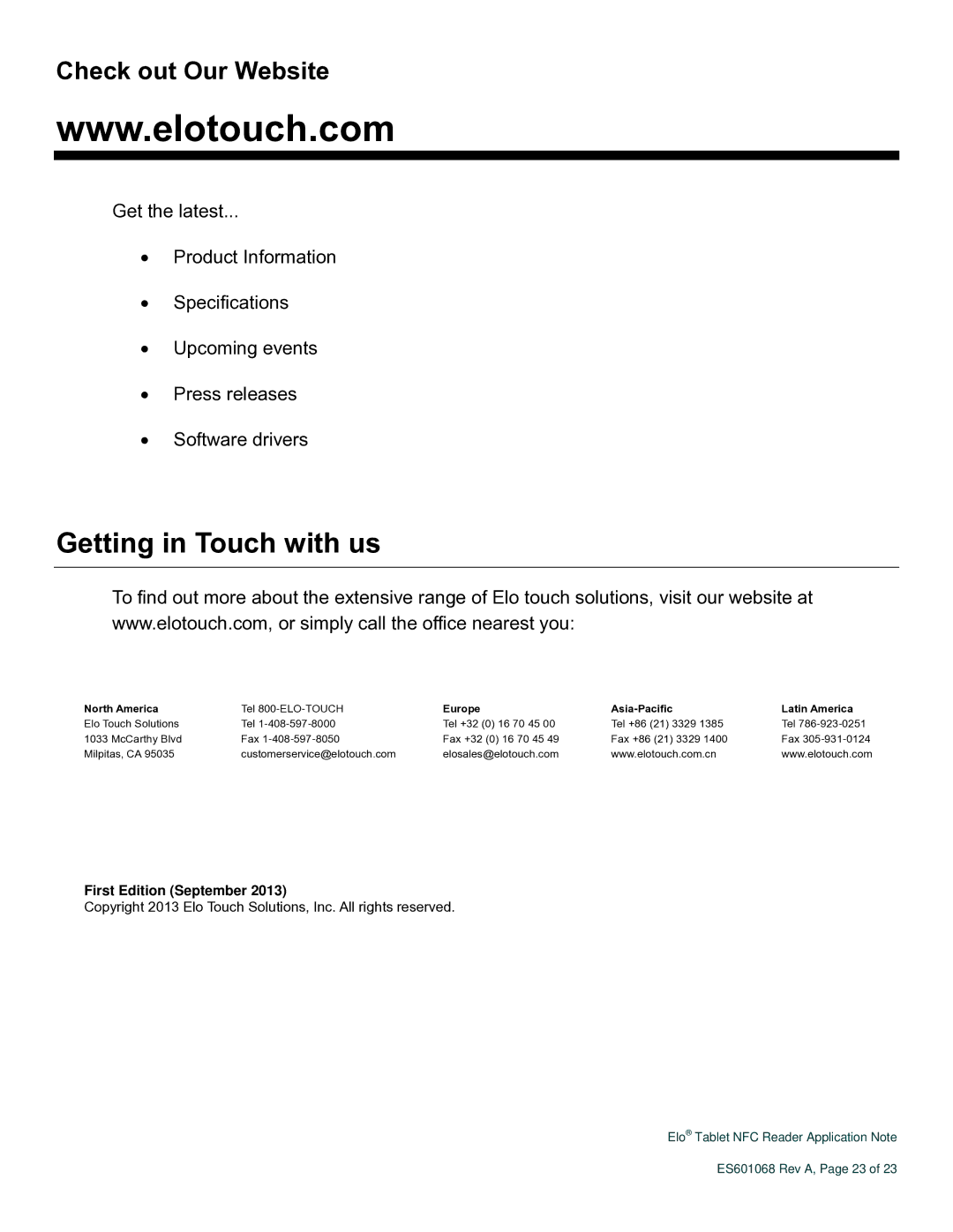 Elo TouchSystems ES601068 Rev A manual Getting in Touch with us, Check out Our Website 