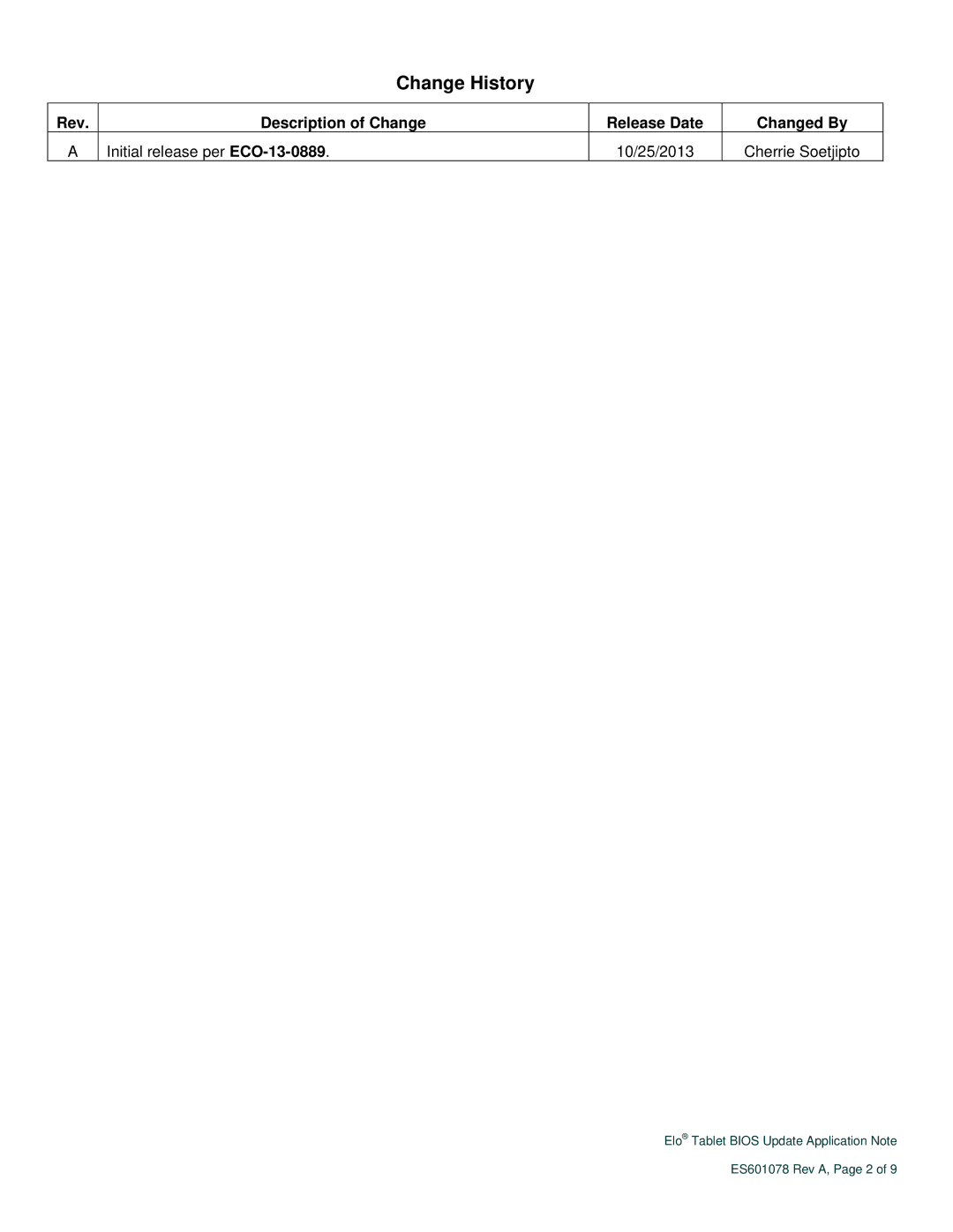 Elo TouchSystems ES601078 Rev A manual Change History 