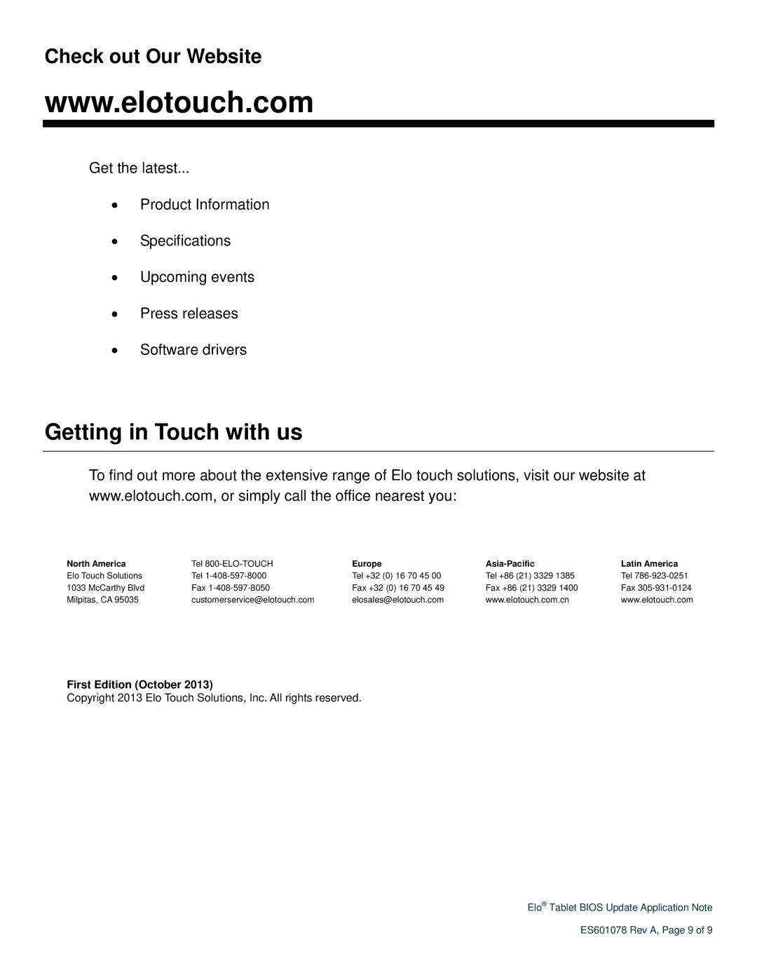 Elo TouchSystems ES601078 Rev A manual Getting in Touch with us 