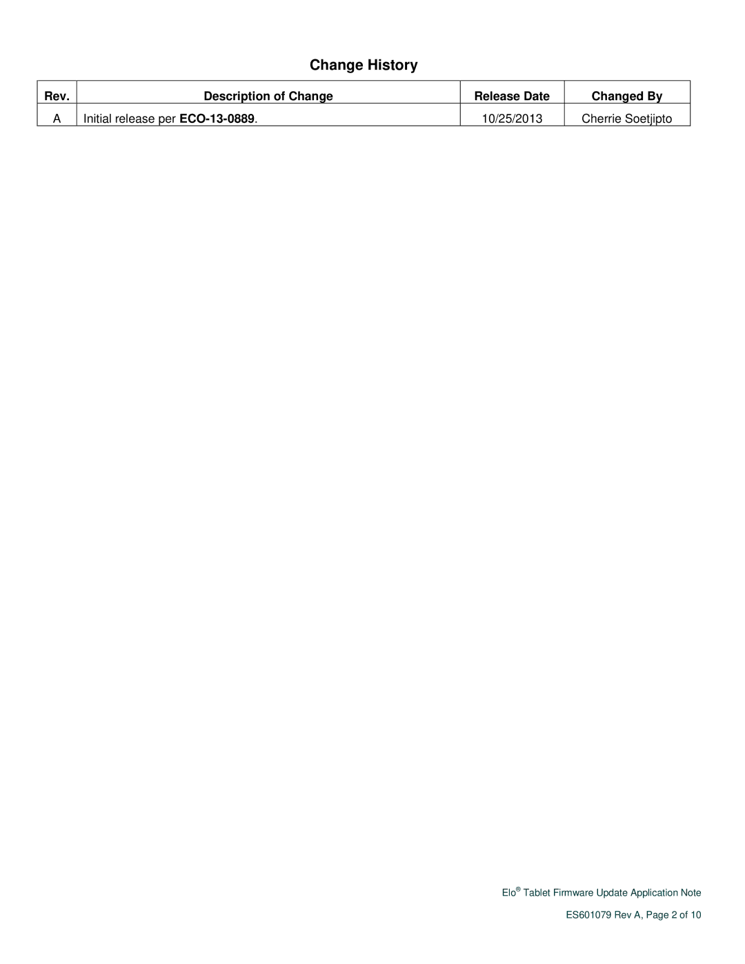 Elo TouchSystems ES601079 manual Change History 