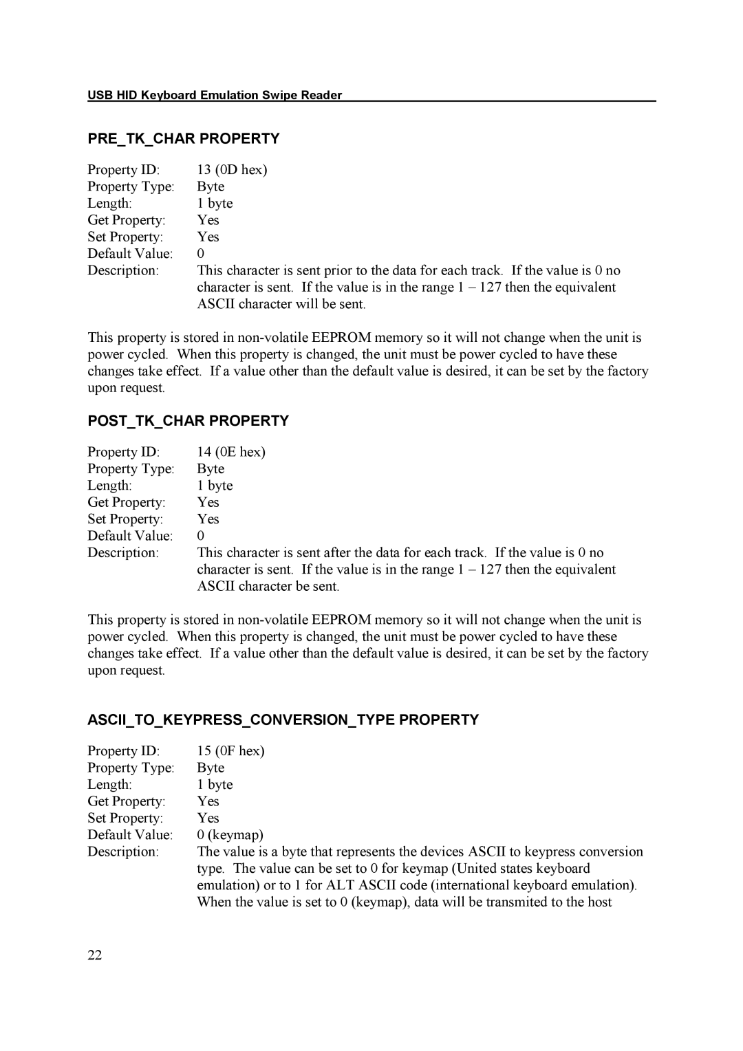 Elo TouchSystems ESY1529L manual Pretkchar Property, Posttkchar Property, Asciitokeypressconversiontype Property 