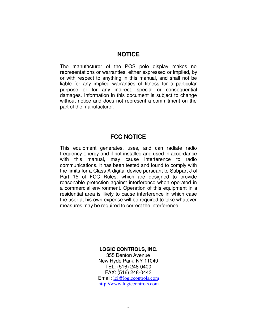 Elo TouchSystems ESY1529L manual FCC Notice, Logic CONTROLS, INC 