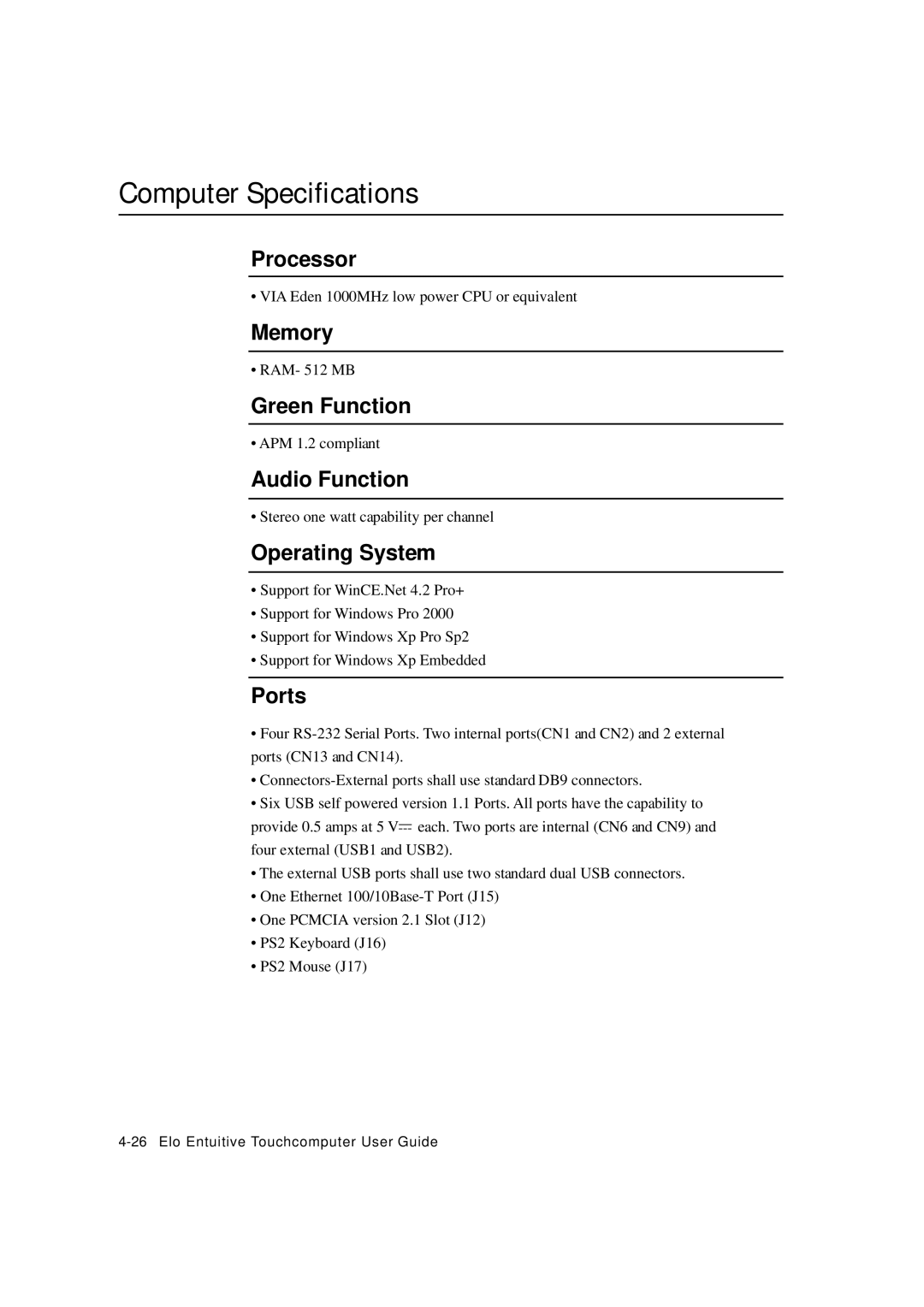 Elo TouchSystems ESY1529L manual Computer Specifications 