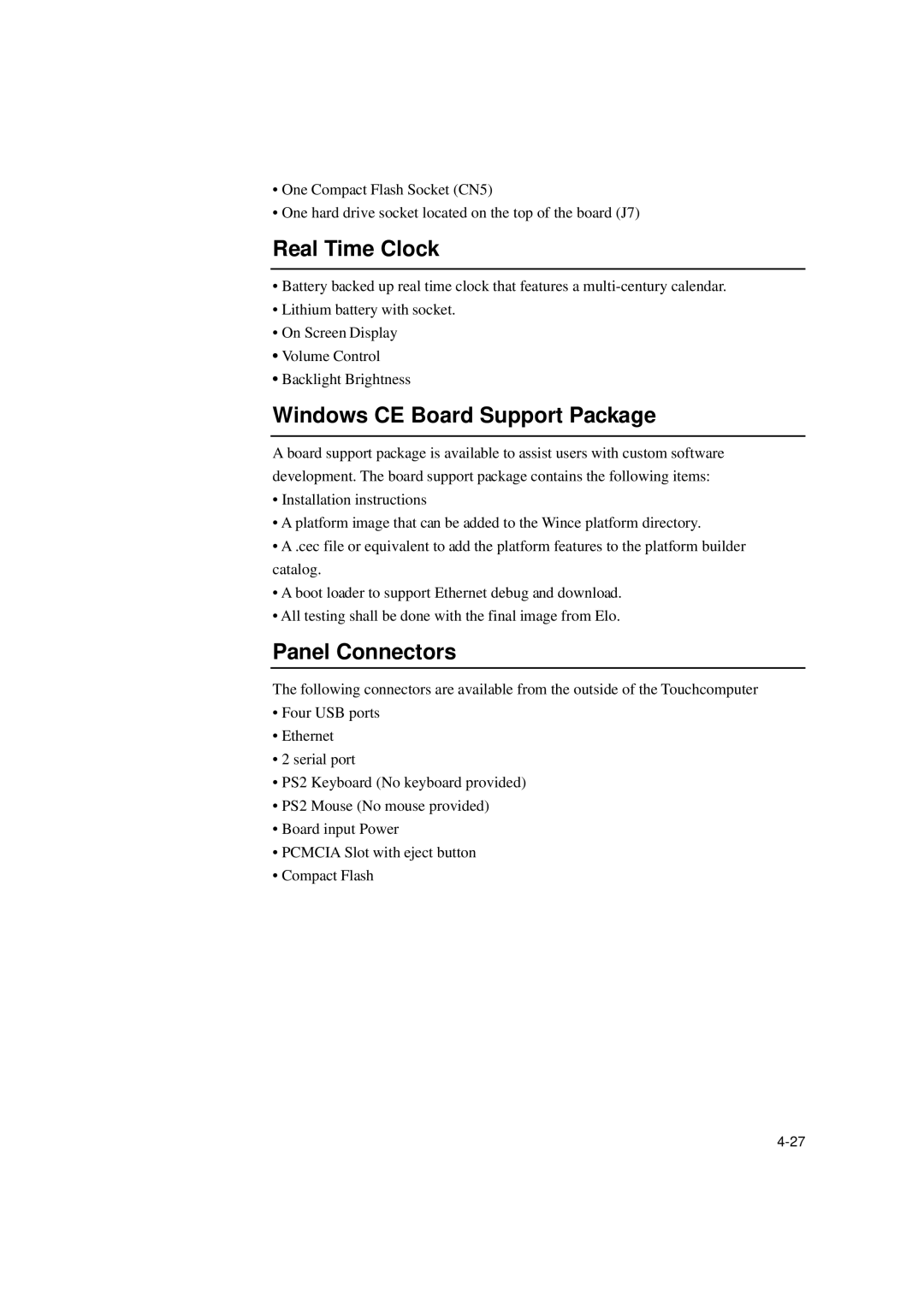 Elo TouchSystems ESY1529L manual Real Time Clock, Windows CE Board Support Package, Panel Connectors 