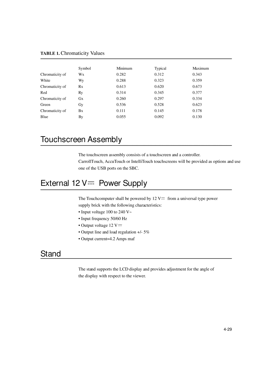 Elo TouchSystems ESY1529L manual Touchscreen Assembly, External 12 V Power Supply, Stand 