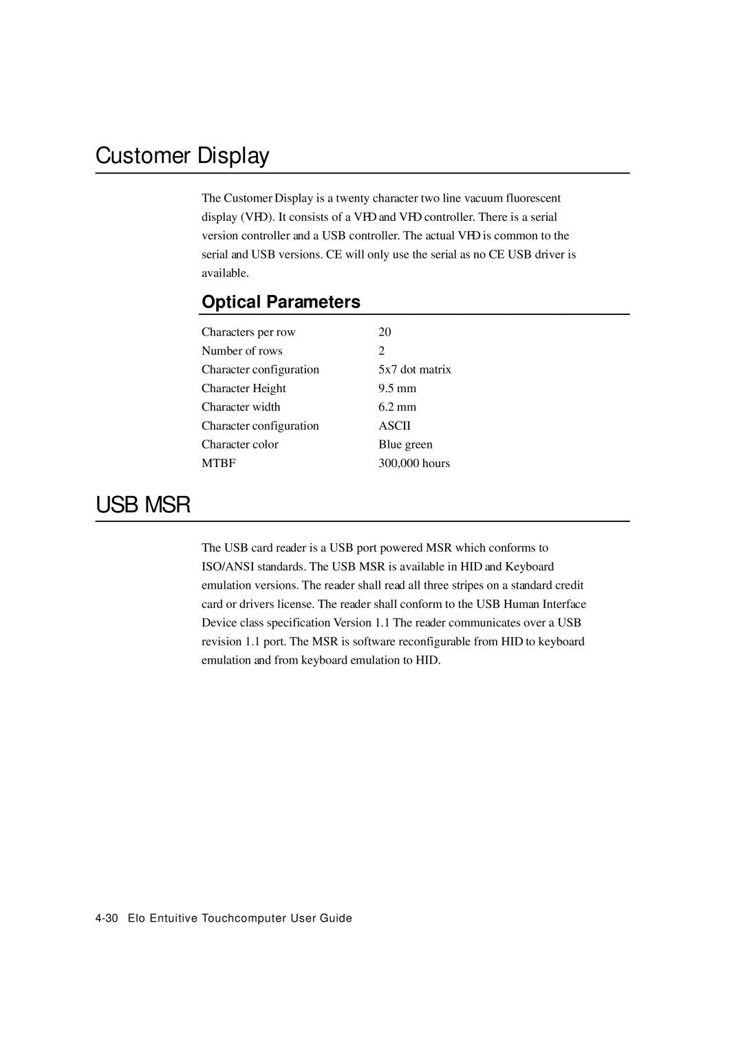 Elo TouchSystems ESY1529L manual Customer Display, Optical Parameters 