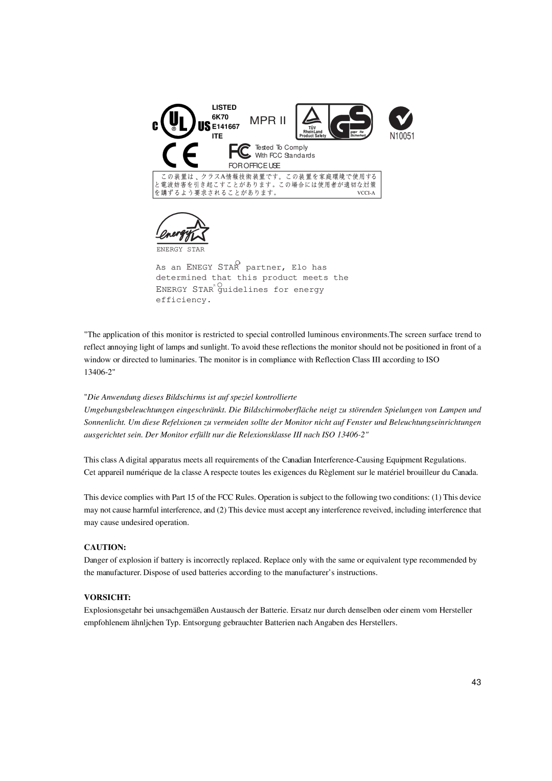 Elo TouchSystems ESY1529L manual 6K70 MPR 