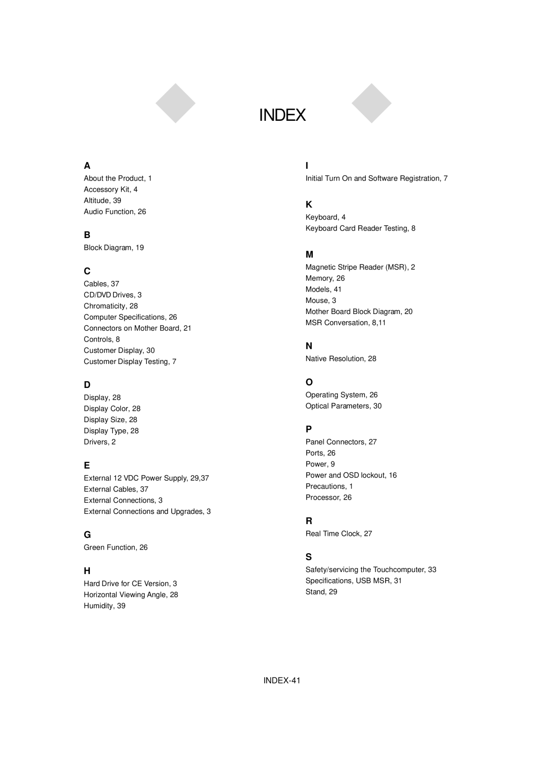 Elo TouchSystems ESY1529L manual Index 