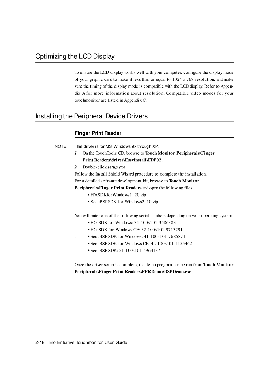 Elo TouchSystems ET1529L manual Optimizing the LCD Display, Installing the Peripheral Device Drivers, Finger Print Reader 