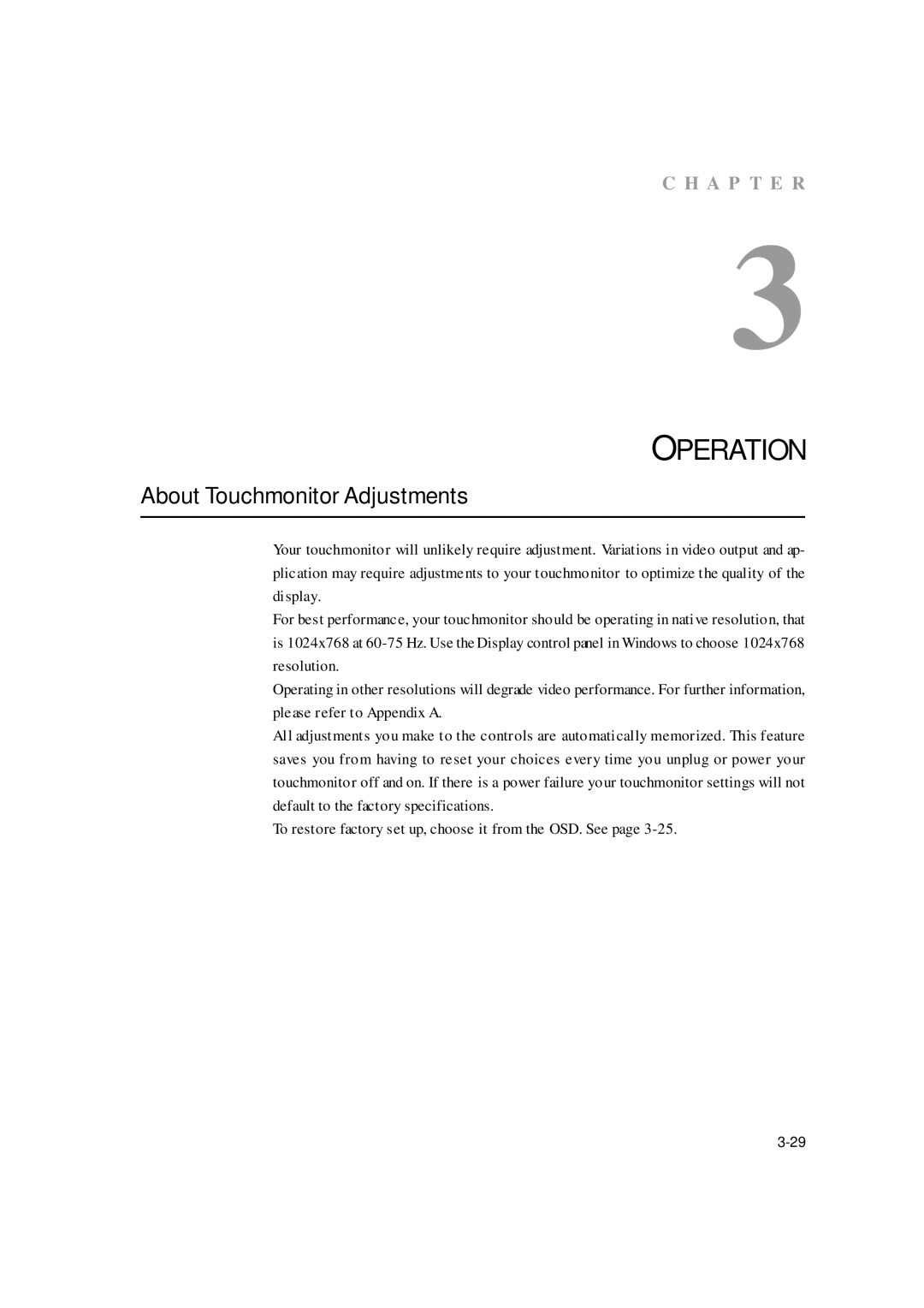 Elo TouchSystems ET1529L manual Operation, About Touchmonitor Adjustments 