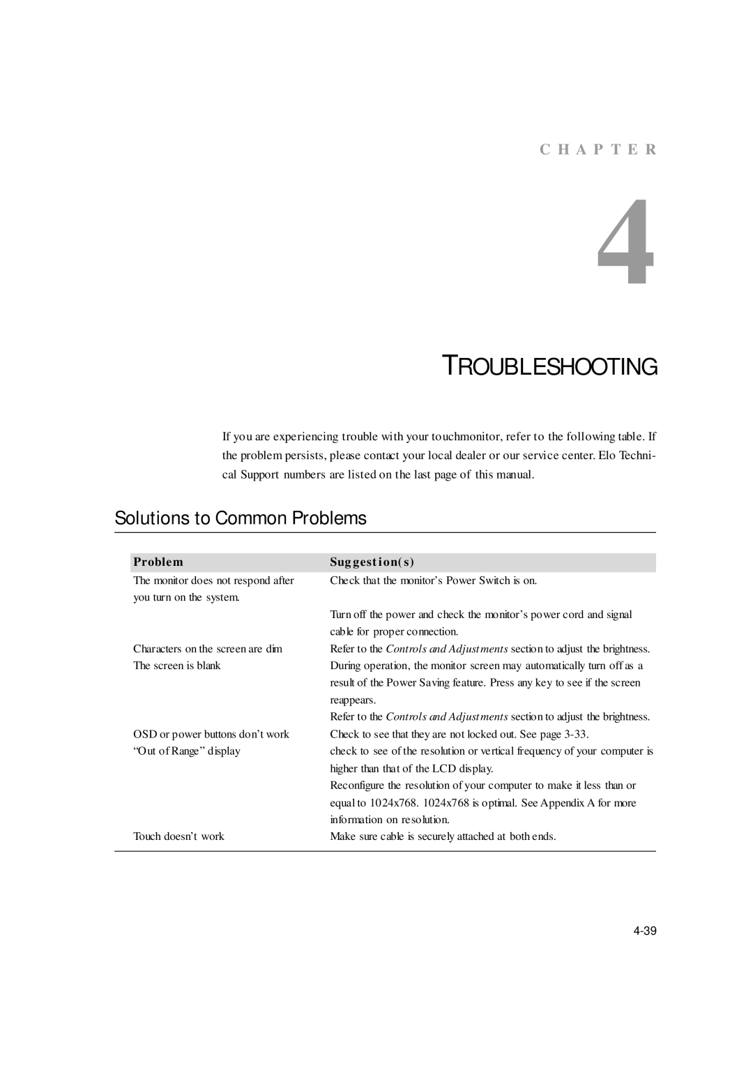 Elo TouchSystems ET1529L manual Troubleshooting, Solutions to Common Problems 