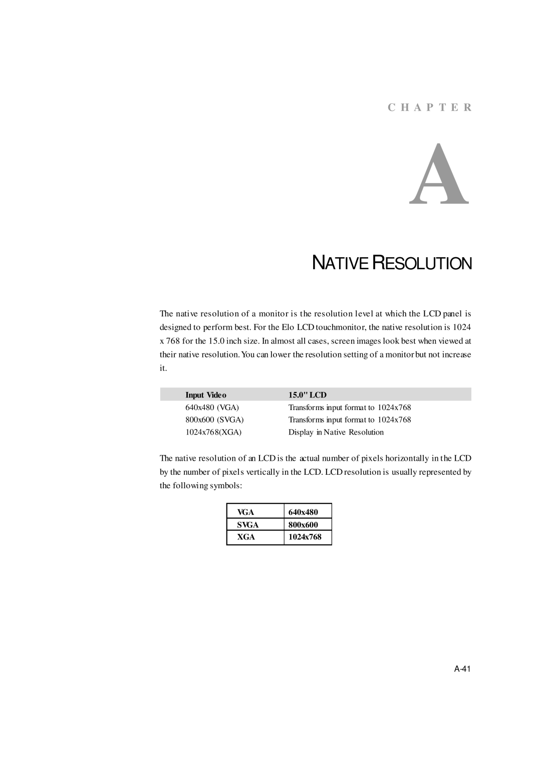 Elo TouchSystems ET1529L manual Native Resolution 