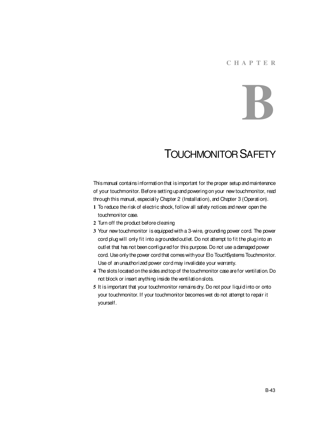 Elo TouchSystems ET1529L manual Touchmonitor Safety 