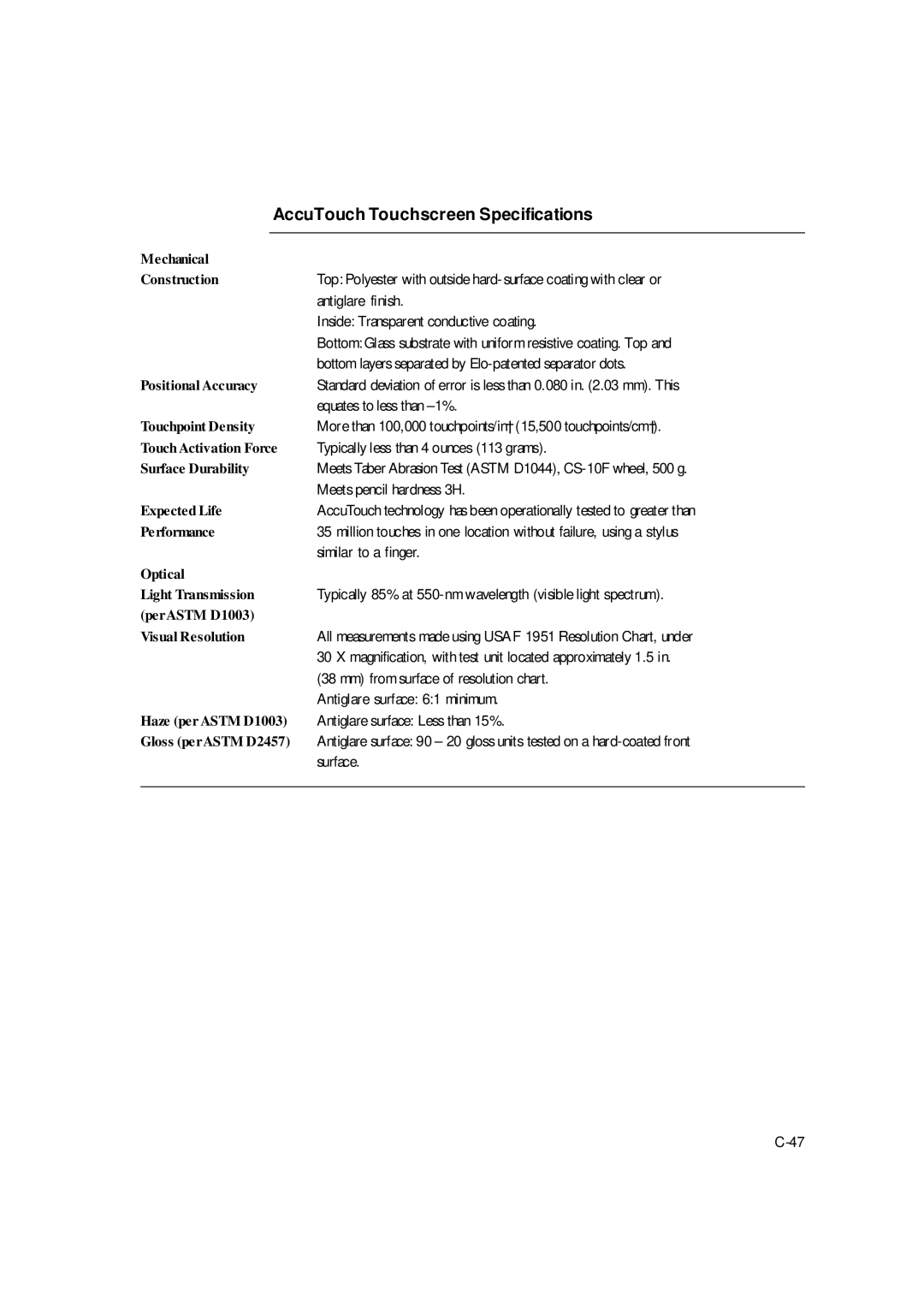 Elo TouchSystems ET1529L manual AccuTouch Touchscreen Specifications, Mechanical Construction 