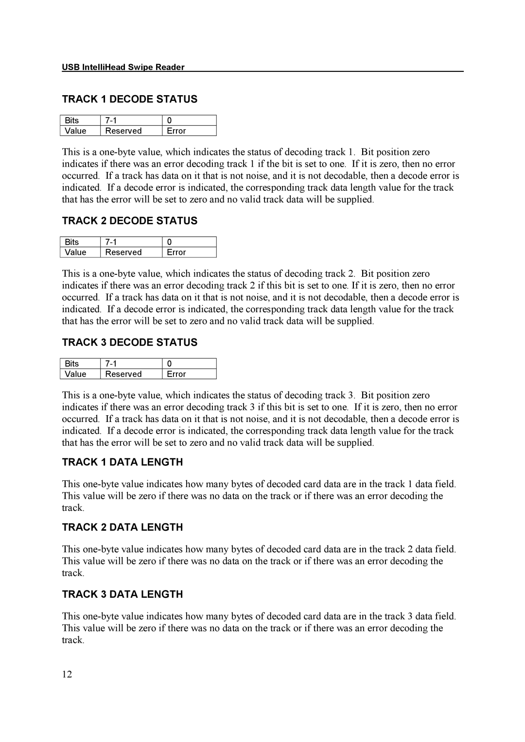 Elo TouchSystems ET1529L manual Track 1 Decode Status, Track 2 Decode Status, Track 3 Decode Status, Track 1 Data Length 