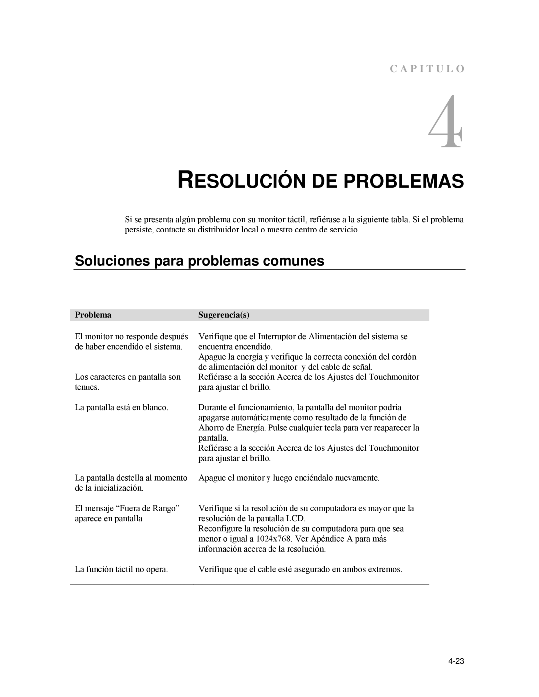 Elo TouchSystems ET1537L manual Resolución DE Problemas, Soluciones para problemas comunes 