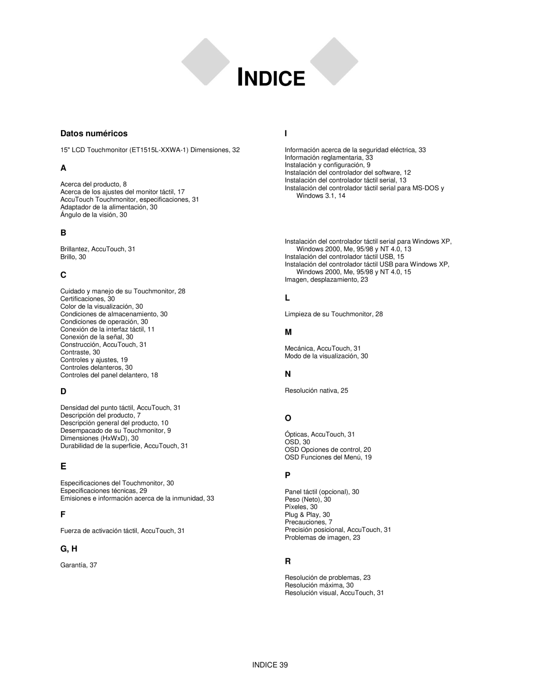 Elo TouchSystems ET1537L manual Indice 