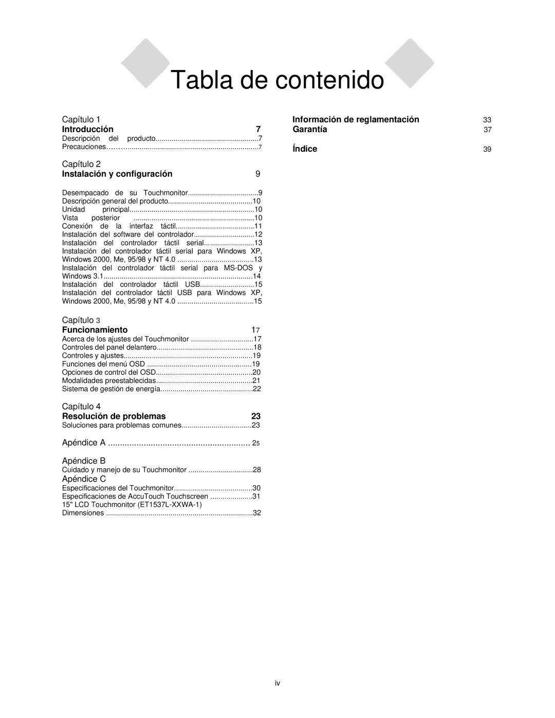 Elo TouchSystems ET1537L manual Tabla de contenido 