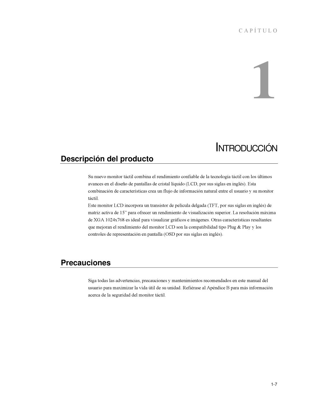 Elo TouchSystems ET1537L manual Introducción, Descripción del producto, Precauciones 