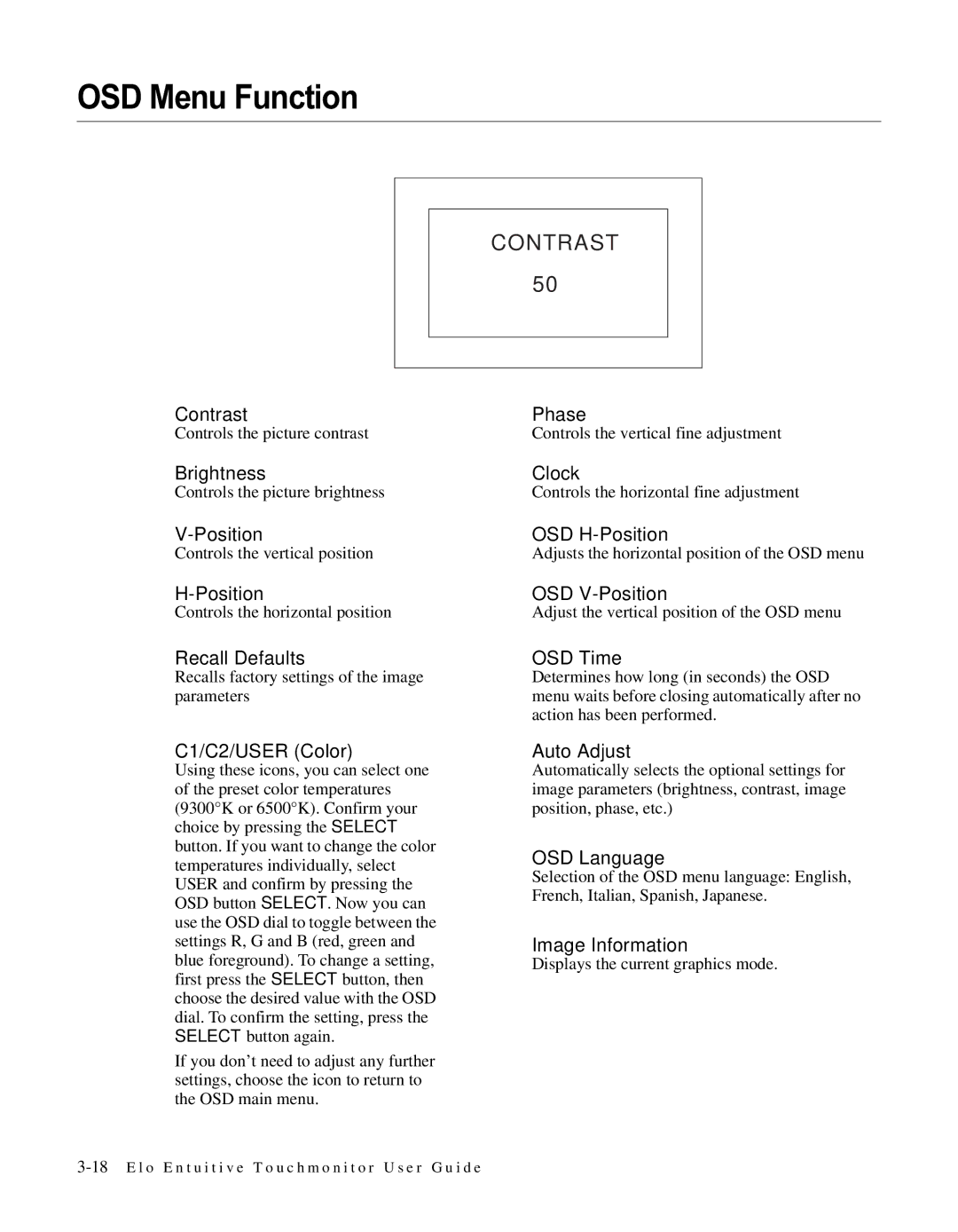 Elo TouchSystems ET1566L-7SWC-1 manual OSD Menu Function 