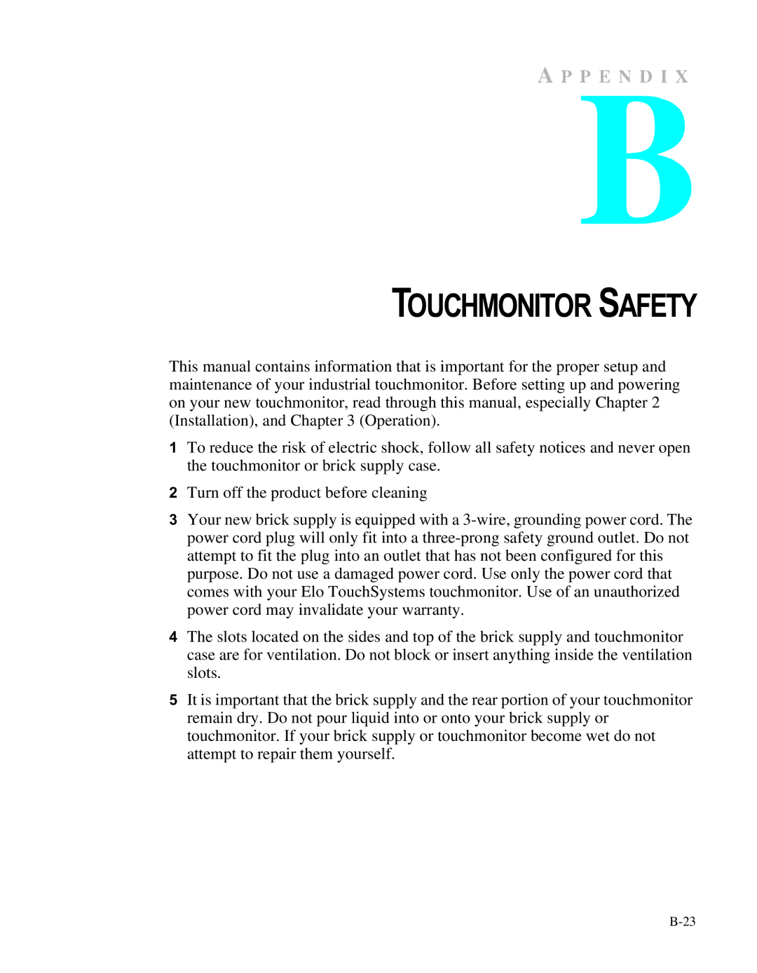 Elo TouchSystems ET1566L-7SWC-1 manual Touchmonitor Safety 