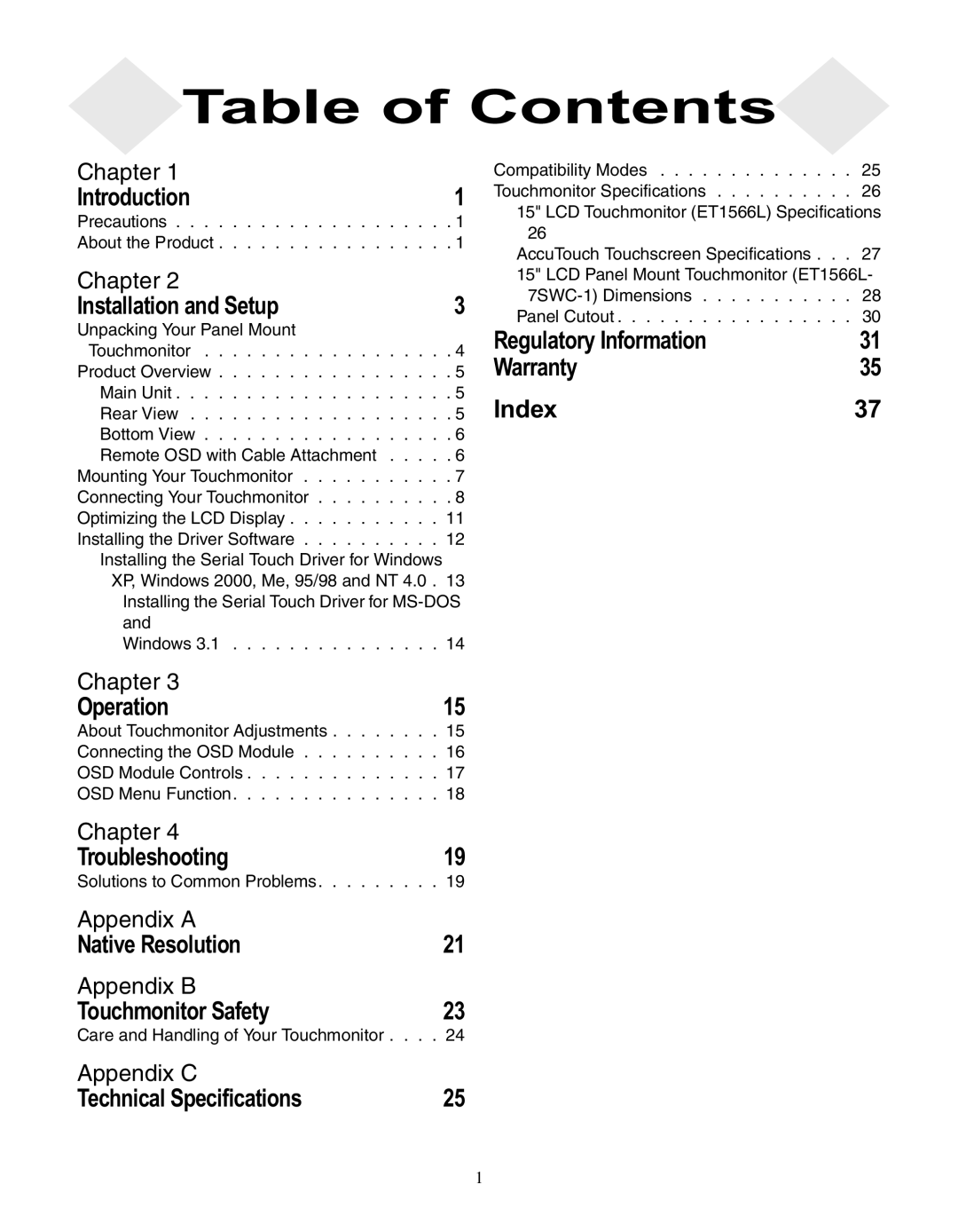 Elo TouchSystems ET1566L-7SWC-1 manual Table of Contents 