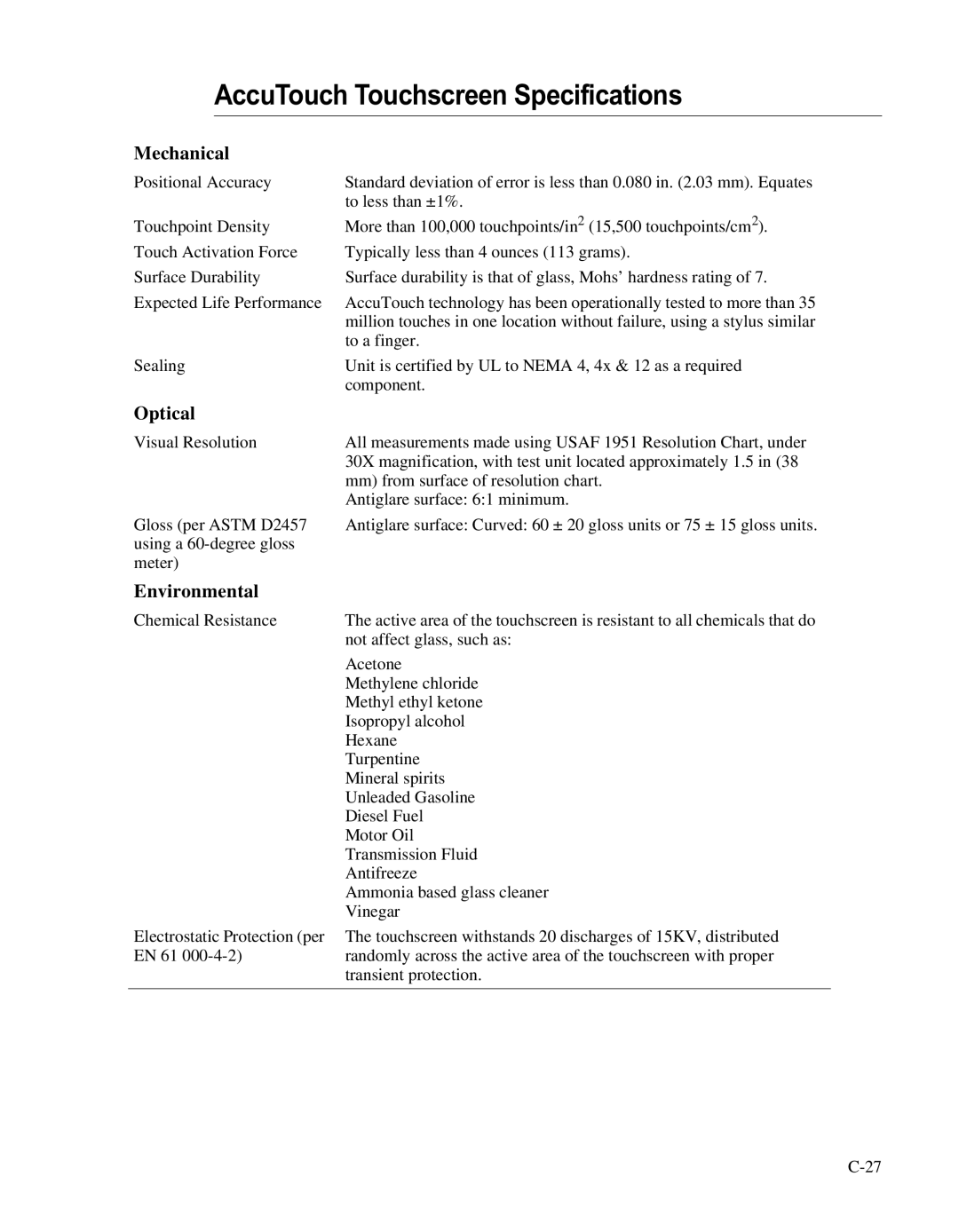 Elo TouchSystems ET1566L-7SWC-1 manual AccuTouch Touchscreen Specifications, Optical 