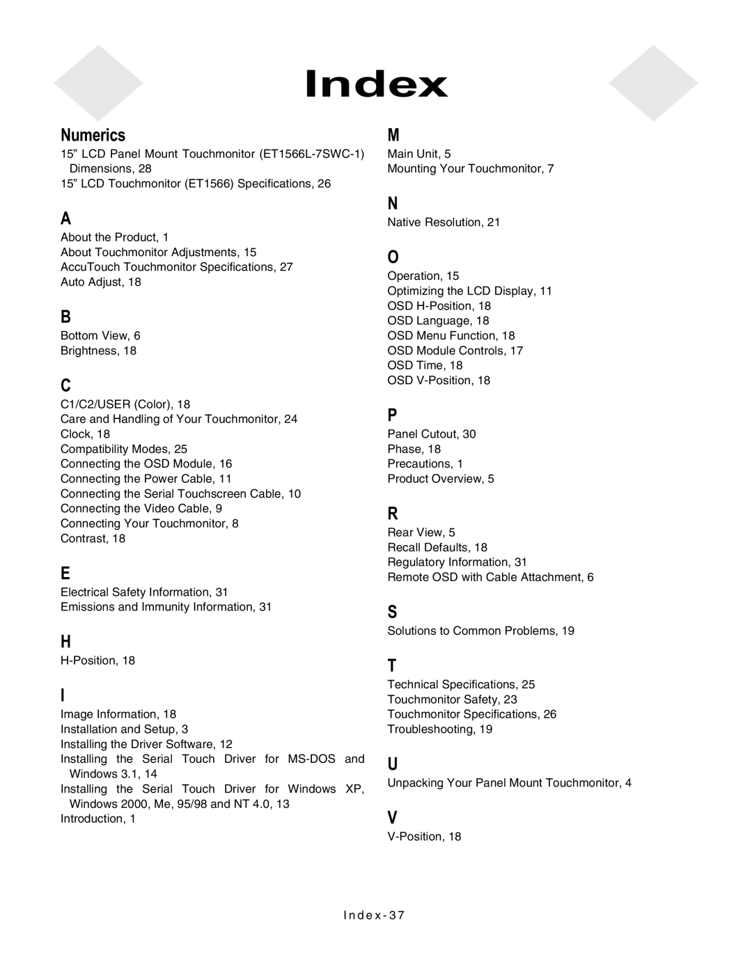 Elo TouchSystems ET1566L-7SWC-1 manual Index 