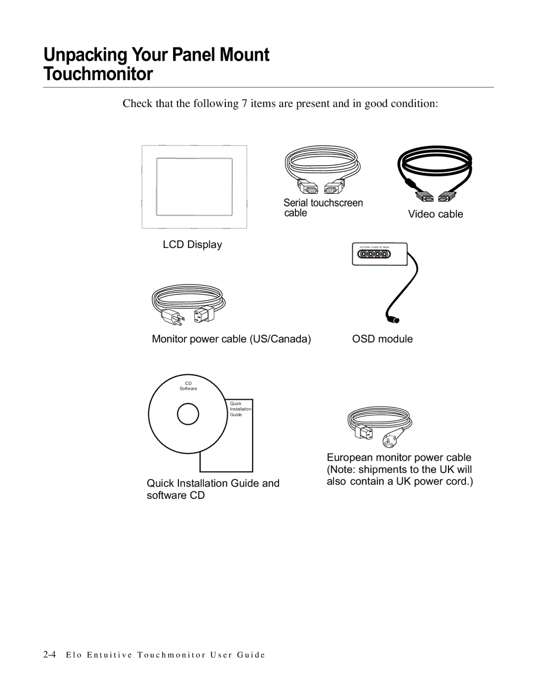 Elo TouchSystems ET1566L-7SWC-1 manual Unpacking Your Panel Mount Touchmonitor 