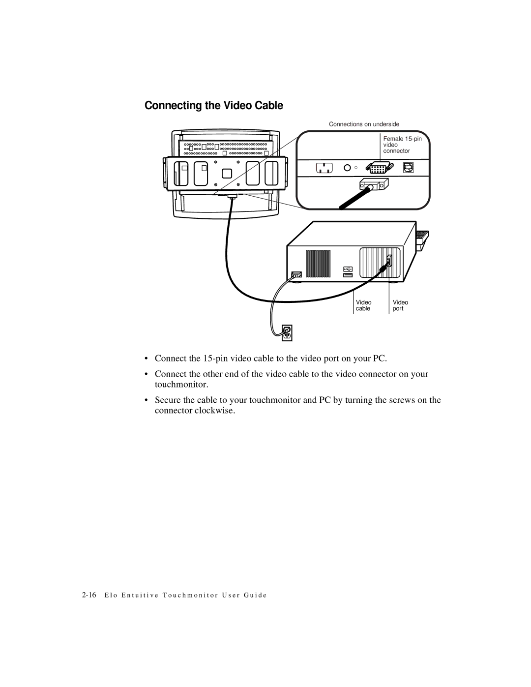 Elo TouchSystems ET1548L-XXWC-X, ET1567L-XXWC-X, ET1549L-XXWC-X, ET1547L-XXWC-X, ET1545L-XXWC-X manual Video cable Video port 