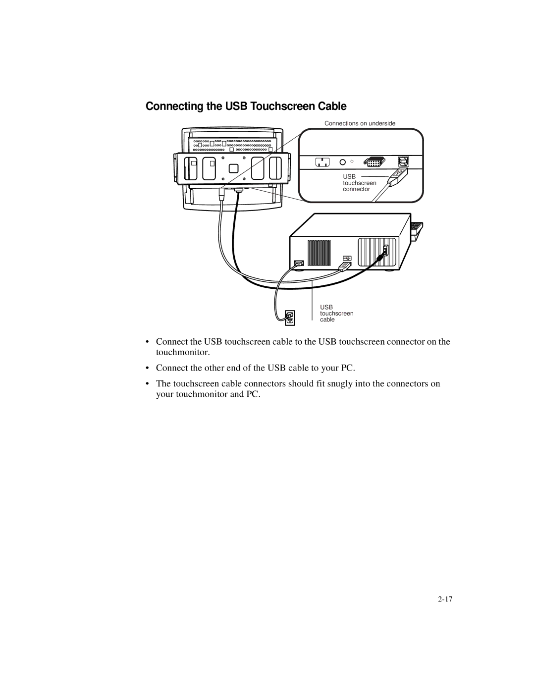 Elo TouchSystems ET1547L-XXWC-X, ET1567L-XXWC-X, ET1549L-XXWC-X, ET1548L-XXWC-X manual Connecting the USB Touchscreen Cable 