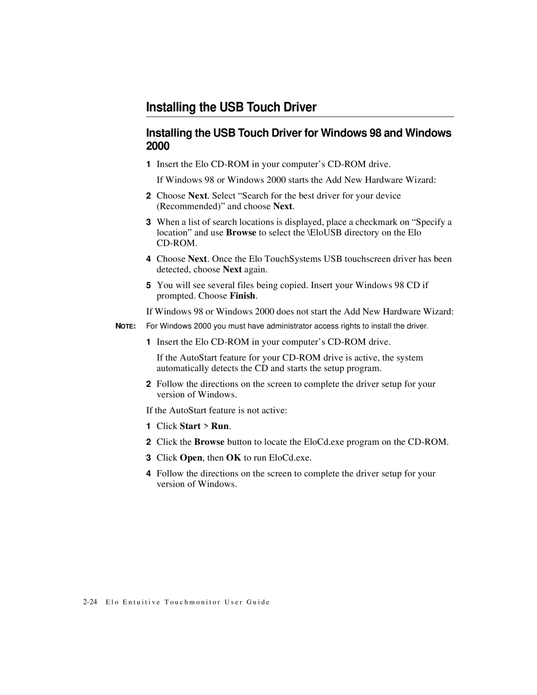 Elo TouchSystems ET1567L-XXWC-X, ET1549L-XXWC-X, ET1548L-XXWC-X, ET1547L-XXWC-X manual Installing the USB Touch Driver 