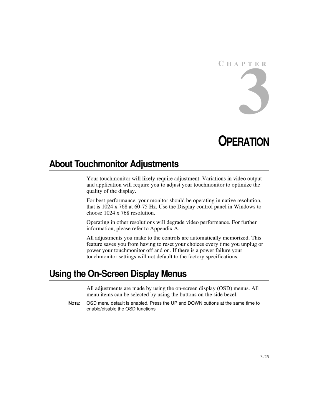 Elo TouchSystems ET1549L-XXWC-X, ET1567L-XXWC-X manual About Touchmonitor Adjustments, Using the On-Screen Display Menus 