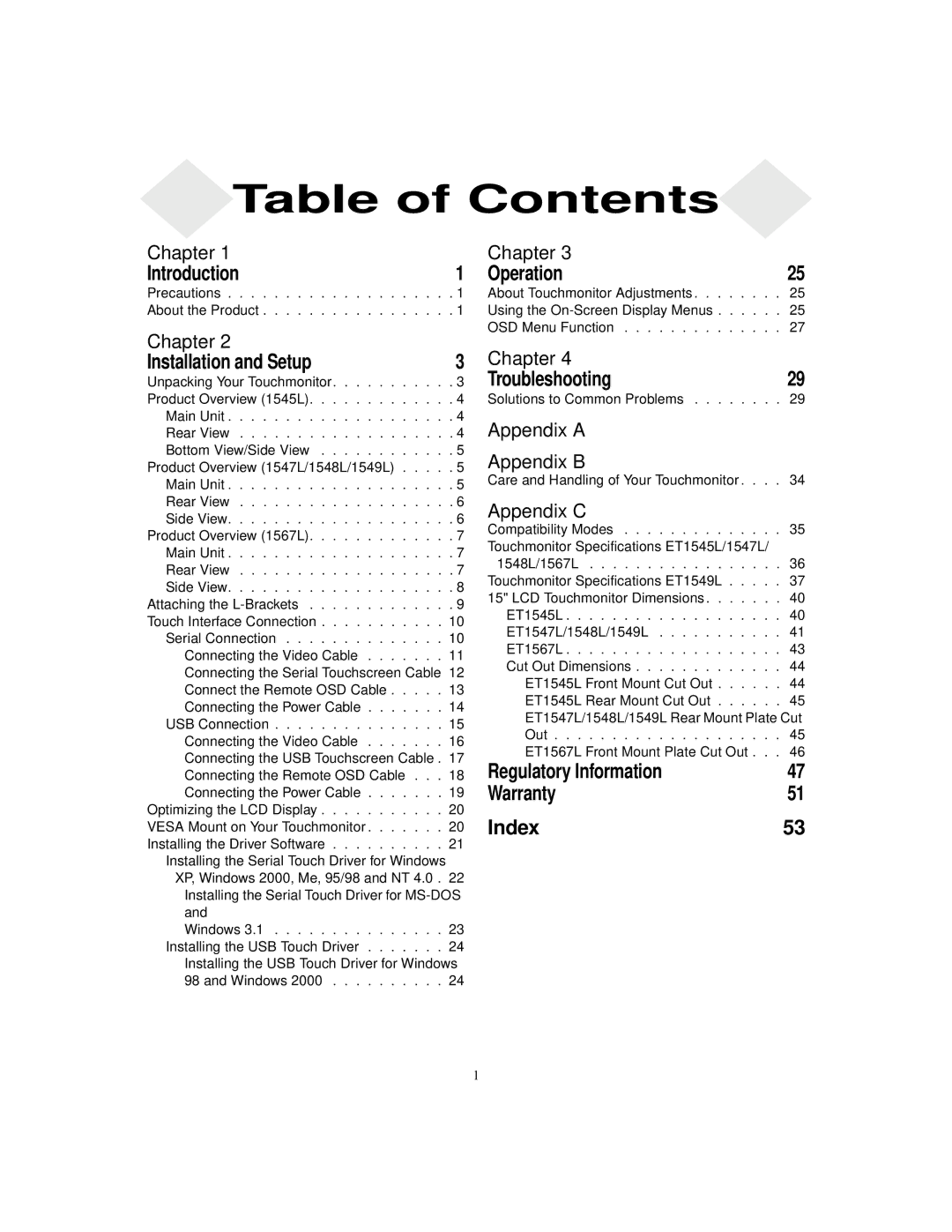 Elo TouchSystems ET1549L-XXWC-X, ET1567L-XXWC-X, ET1548L-XXWC-X, ET1547L-XXWC-X, ET1545L-XXWC-X manual Table of Contents 