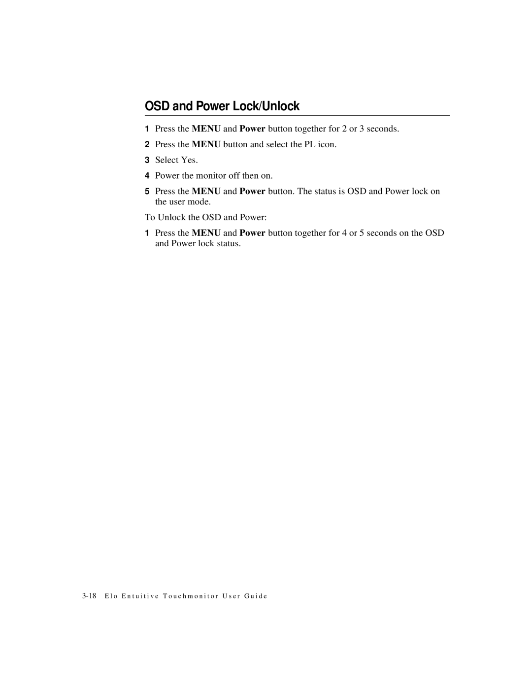 Elo TouchSystems ET1724L-8SWB-1-NL, ET1724L-7SWB-1-NL manual OSD and Power Lock/Unlock 