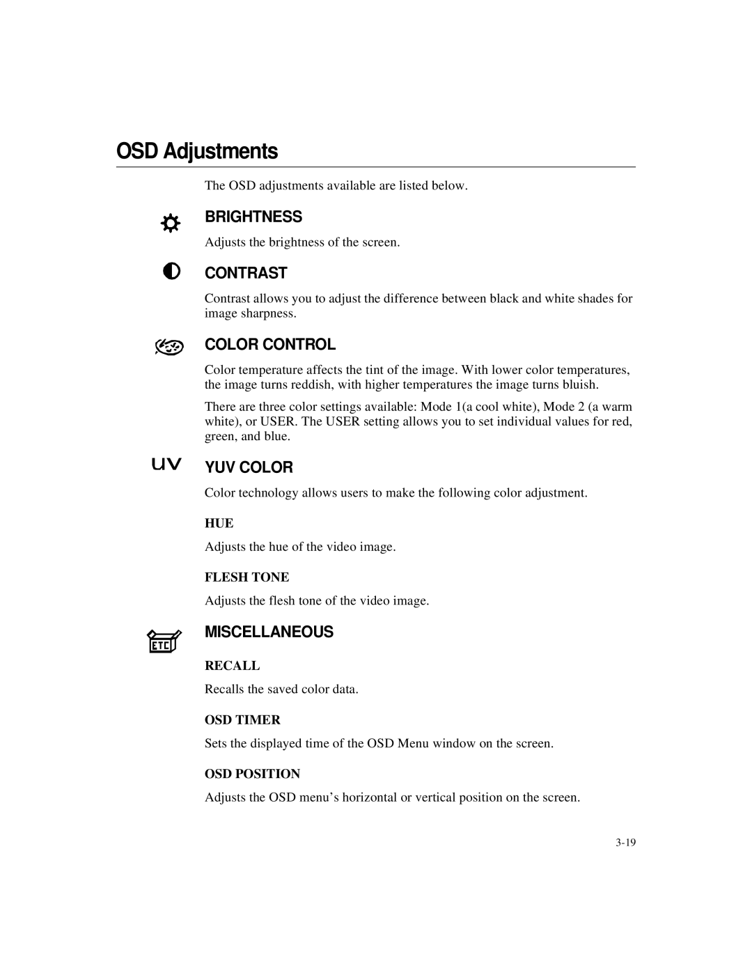 Elo TouchSystems ET1724L-7SWB-1-NL, ET1724L-8SWB-1-NL manual OSD Adjustments, Contrast 