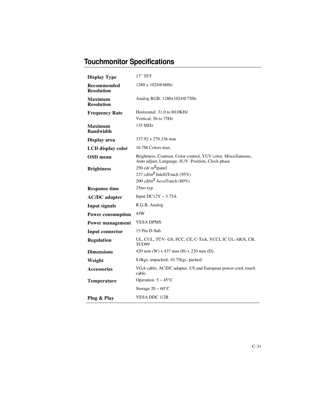 Elo TouchSystems ET1724L-7SWB-1-NL, ET1724L-8SWB-1-NL manual Touchmonitor Specifications, Vesa Dpms 