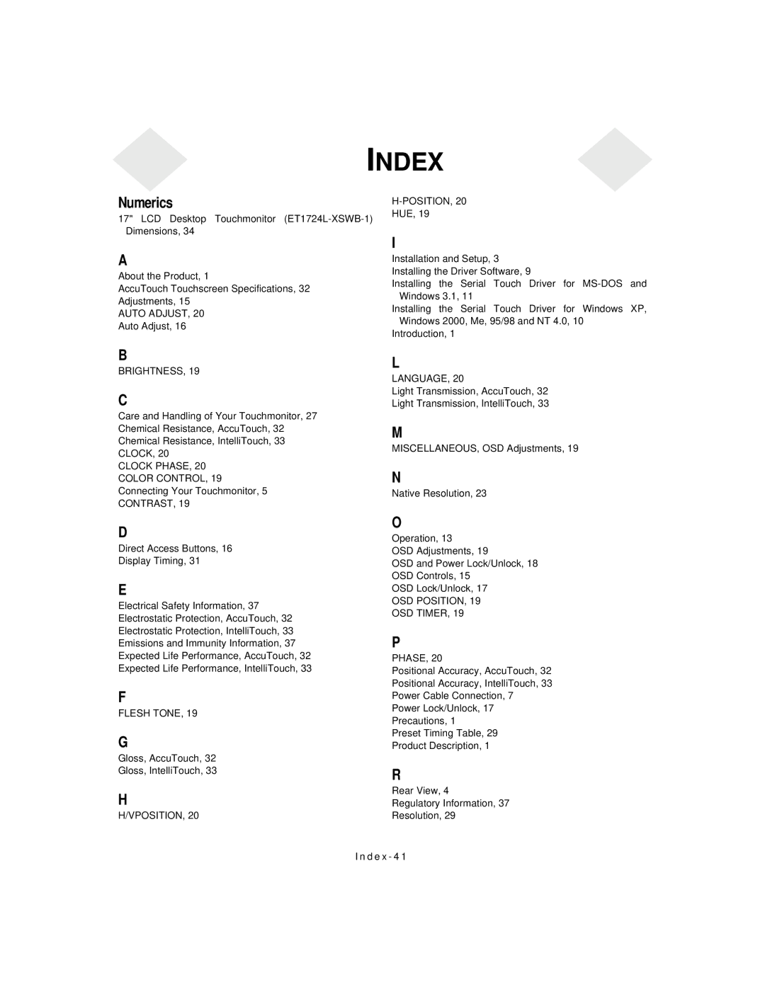 Elo TouchSystems ET1724L-7SWB-1-NL, ET1724L-8SWB-1-NL manual Index 