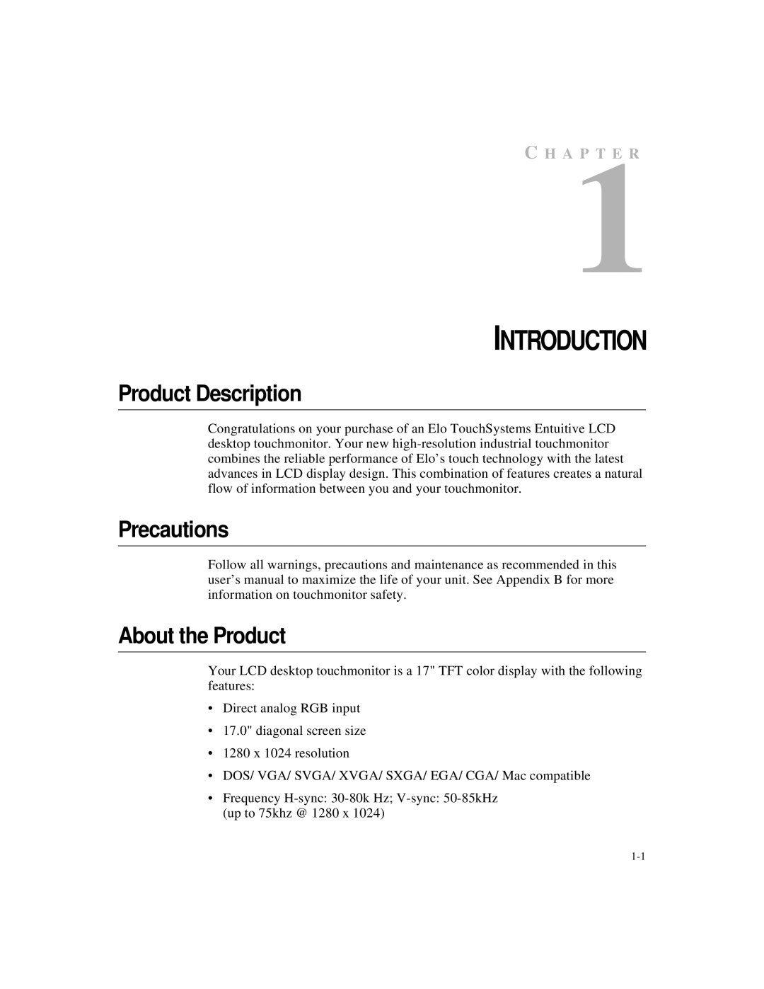 Elo TouchSystems ET1724L-7SWB-1-NL, ET1724L-8SWB-1-NL manual Product Description, Precautions, About the Product 