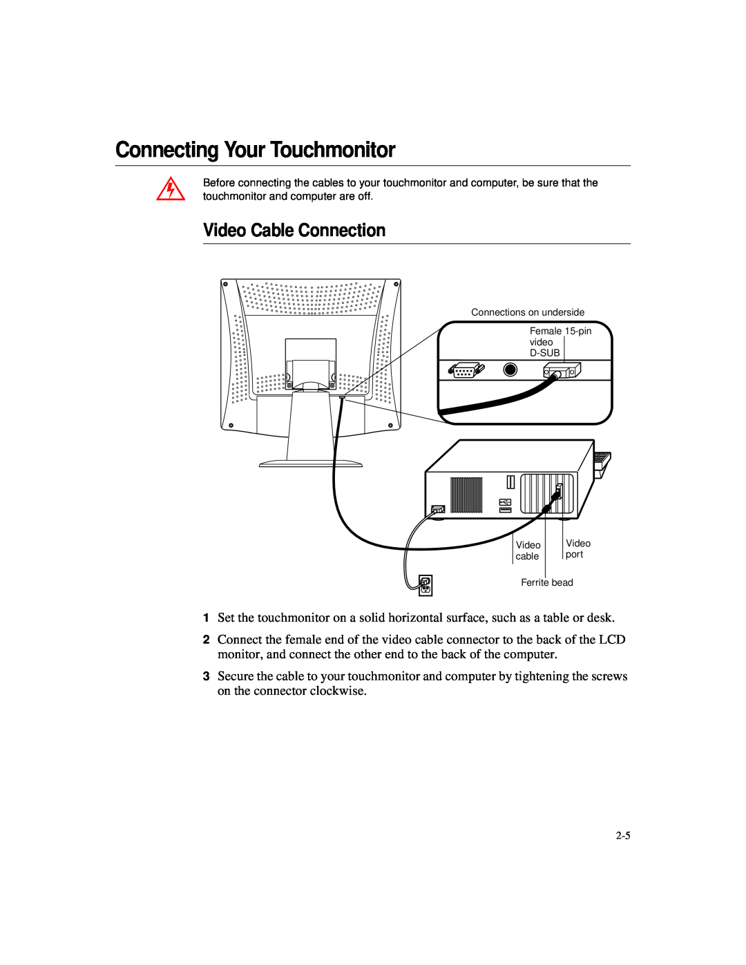 Elo TouchSystems ET1724L-8SWB-1-NL, ET1724L-7SWB-1-NL manual Connecting Your Touchmonitor, Video Cable Connection 