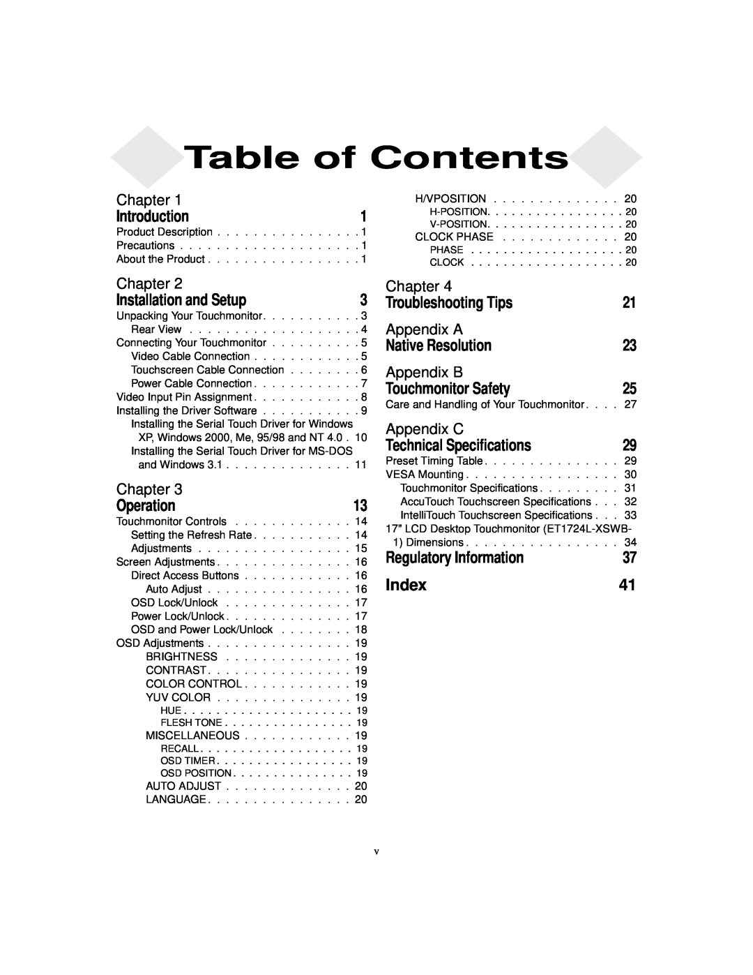 Elo TouchSystems ET1724L-8SWB-1-NL, ET1724L-7SWB-1-NL Chapter, Table of Contents, Introduction, Installation and Setup 