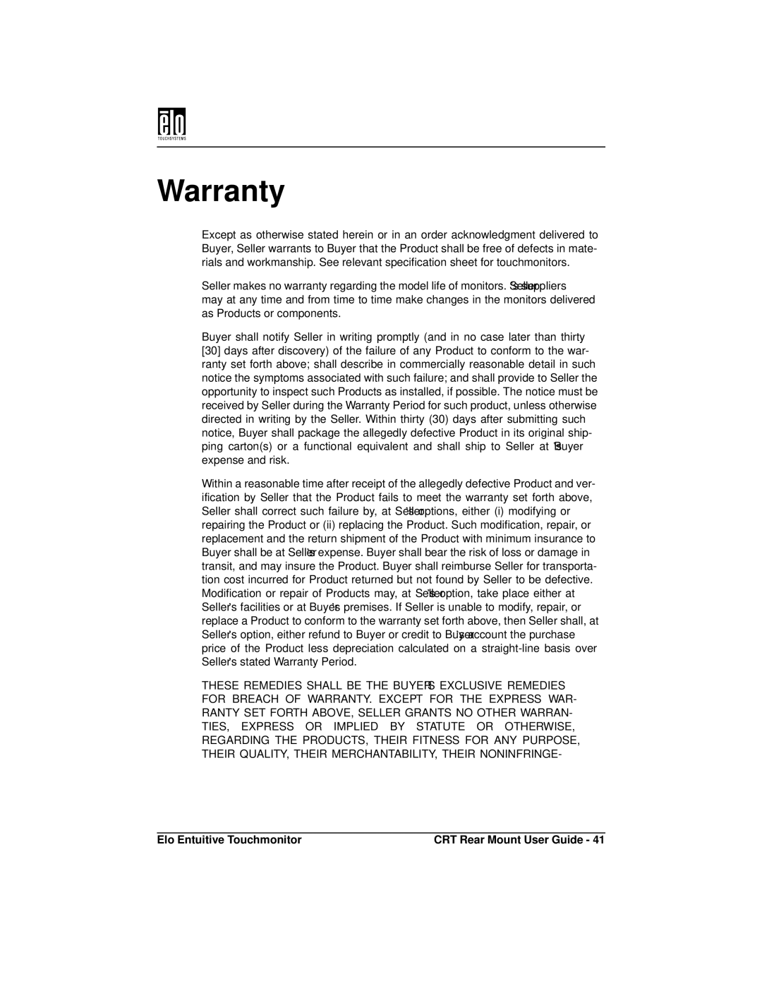 Elo TouchSystems ET1545C, ET1745C manual Warranty 