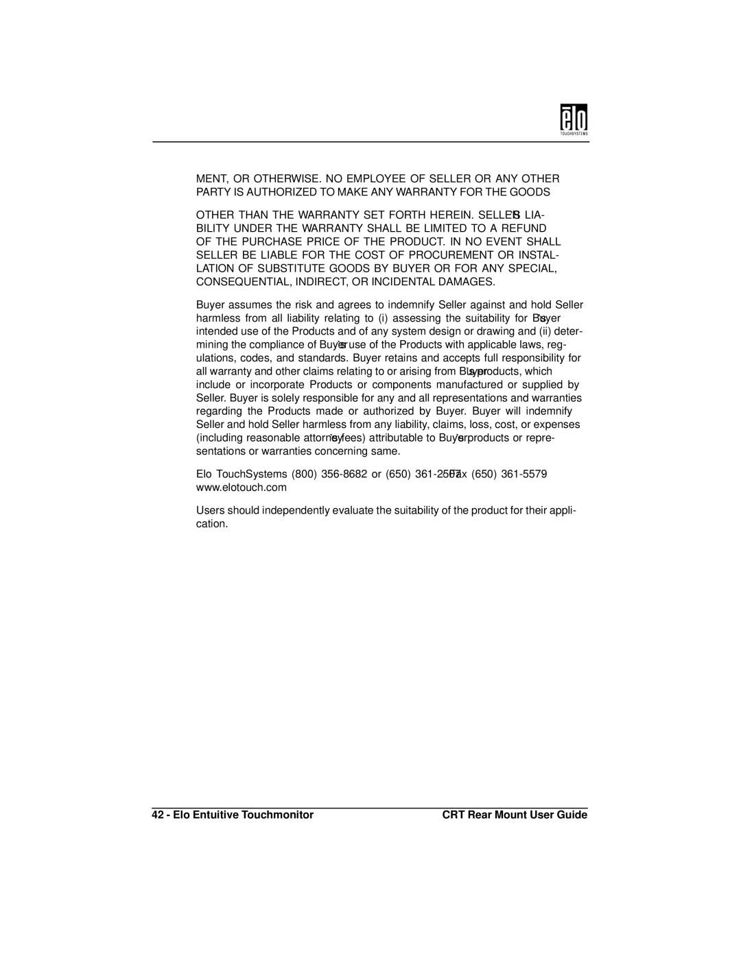 Elo TouchSystems ET1745C, ET1545C manual Elo Entuitive Touchmonitor CRT Rear Mount User Guide 