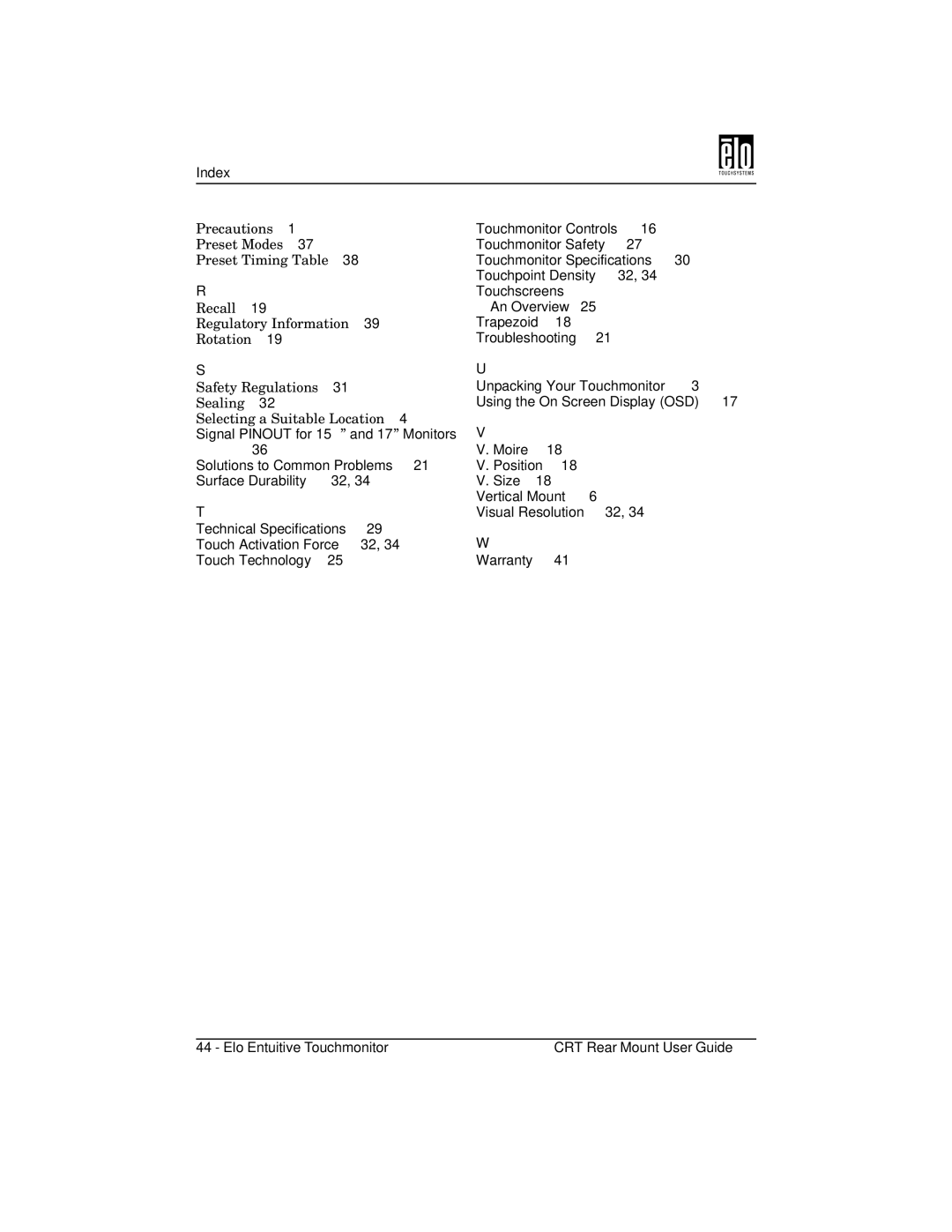 Elo TouchSystems ET1745C, ET1545C manual Index 