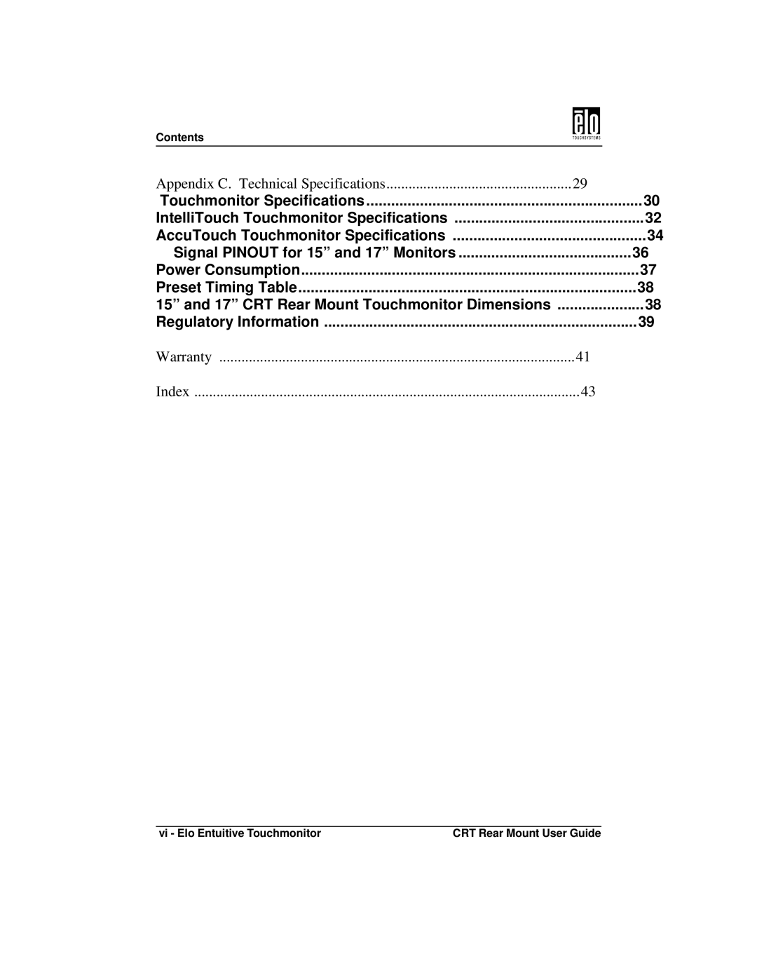 Elo TouchSystems ET1745C, ET1545C manual Warranty Index 