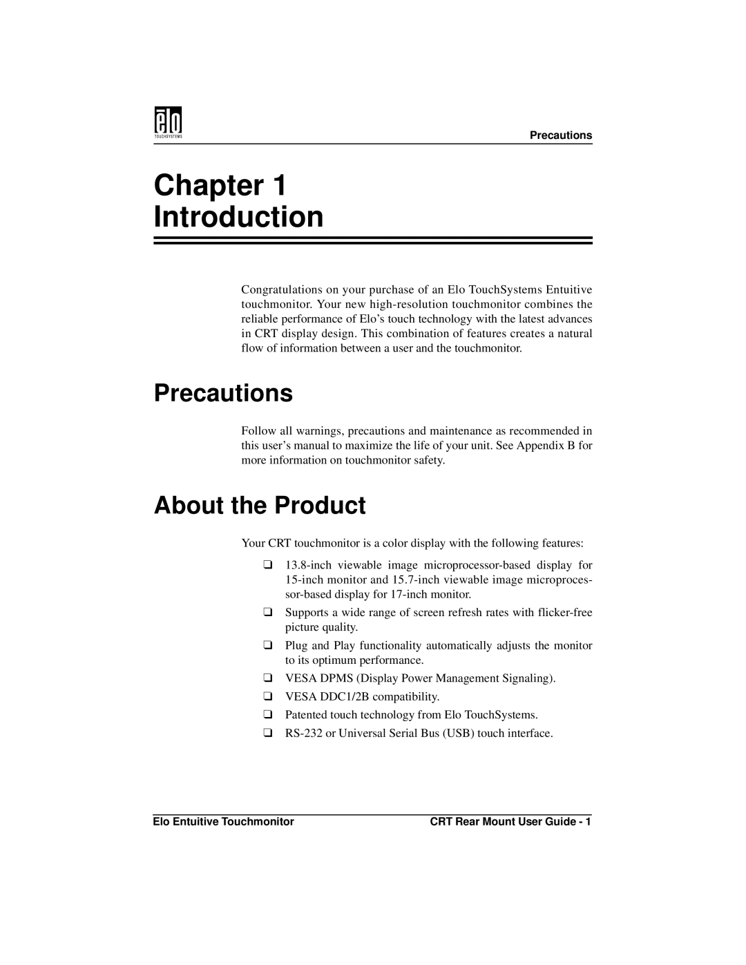 Elo TouchSystems ET1545C, ET1745C manual Chapter Introduction, Precautions, About the Product 