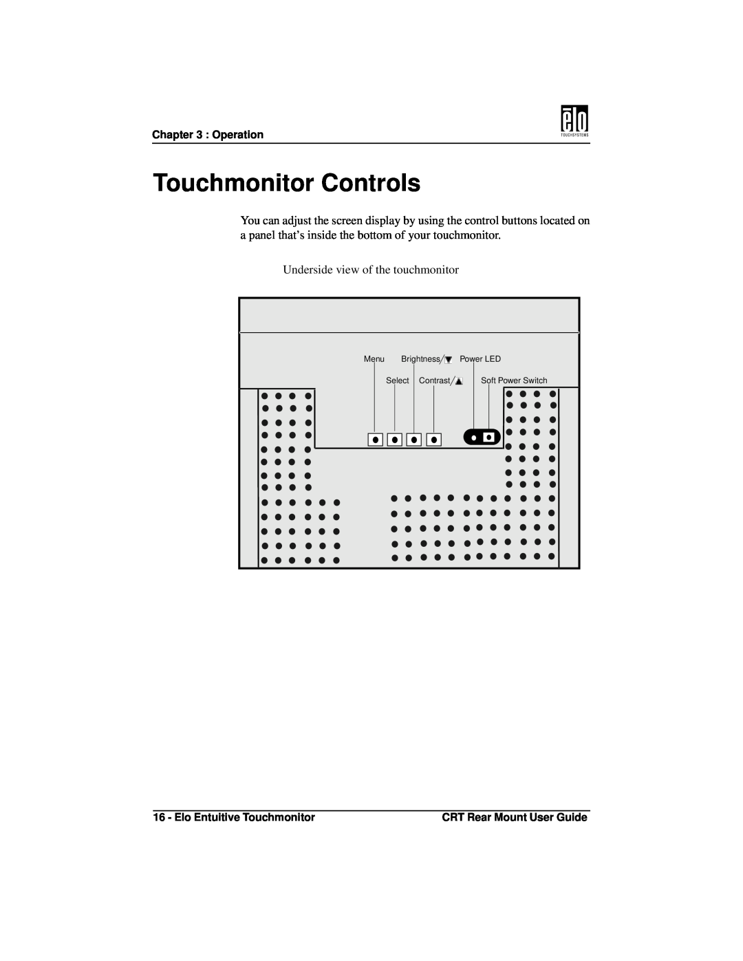 Elo TouchSystems ET1745C, ET1545C Touchmonitor Controls, Menu, Brightness, Power LED, Select, Contrast, Soft Power Switch 