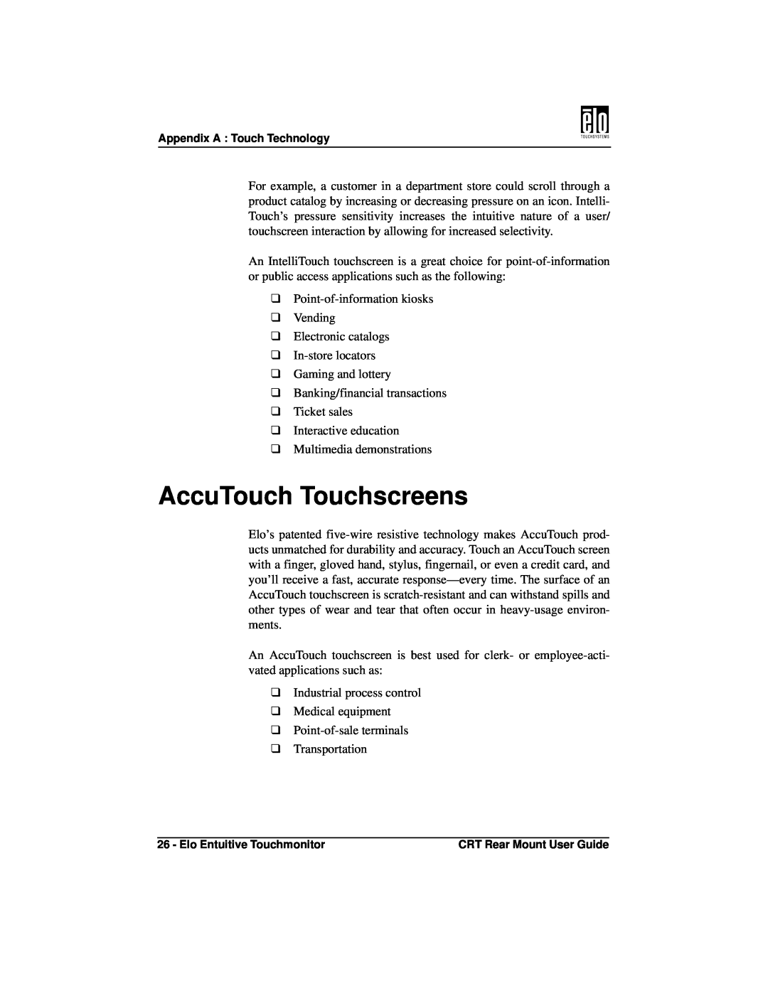 Elo TouchSystems ET1745C, ET1545C manual AccuTouch Touchscreens 