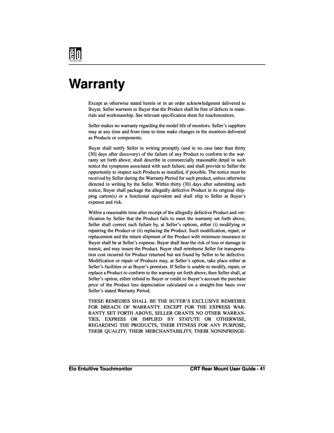 Elo TouchSystems ET1545C, ET1745C manual Warranty 
